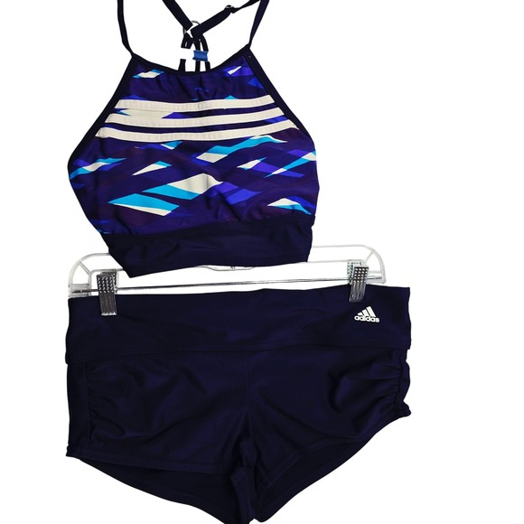 Adidas Swimsuit Womens Medium Two Piece High Neck Athletic Swim Top & Boy Shorts - Picture 1 of 10